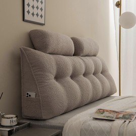 SRXBYWS Headboard Pillow Queen Size Backrest Pillow,Headboard Wedge Pillow with 2 Pack Neck Roll Pillow Large,Removable Cover,with Two Large Side Pockets,for Headboard Pillow, Teddy Velvet,Pearl Gray