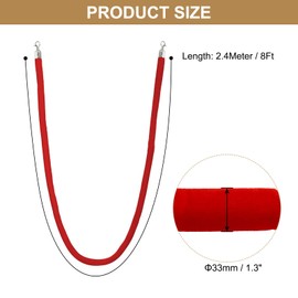 PATIKIL 2.4m Red Velvet Stanchion Rope, 8 Feet Crowd Control Barrier Rope with Snap Hooks for Posts Stands Queue Divider of Hotel Theater, Silver