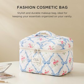 HBselect Quilted Makeup Bag, Cotton Large Travel Makeup Bag, Cute Floral Coquette Cosmetic Bags Toiletry Bags for Women Girls (Blue Bow-N)