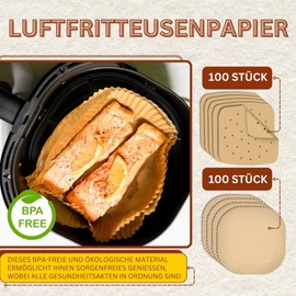 200 Stück Backpapier für Heißluftfritteuse BPA-Frei 20-24cm | 100 Stück quadratisches Papier in der Auflaufform(20-24cm) und 100 Stück flaches Papier(20cm) Form Für den Gebrauch Airfryer Backpapier