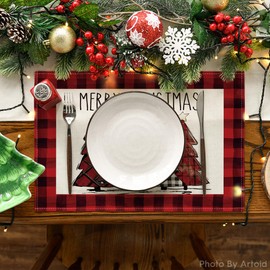 Artoid Mode Red and Black Buffalo Plaid Christmas Trees Placemats Set of 2, 12x18 Inch Winter Table Mats for Outdoor Home Party Kitchen Dining Decor