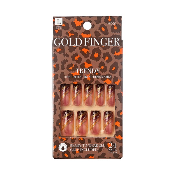 Gold Finger False Nails Gel Glam Full Cover Nails, Long Length