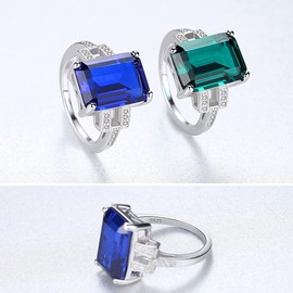 925 Sterling Silver CZ Simulated Sapphire / Emerald Ring for Women, Cubic Zirconia Emerald Cut Nano Blue / Green Gemstone S925 Palladium Plated Eternity Engagement Band Solitaire Fine Jewelry with Gift Box (7, blue sapphire)