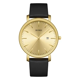 BUREI Men's Wristwatch, Simple, Analog, Waterproof, Quartz, Date, Ultra-thin, Lightweight, Fashionable, Business, Popular, Brand, Black Silica Gel Strap, gold