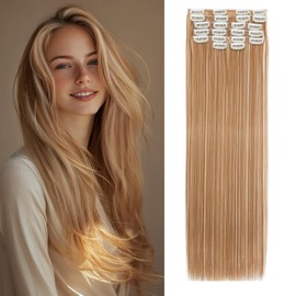 Benehair 22" Clip in Hair Extensions 12 Pcs Long Straight Hair Extensions Clip in Synthetic Fiber Full Head Natural Extension Brown mix Ash Blonde Hair Piece for Women(Brown mix Ash Blonde, 180g)