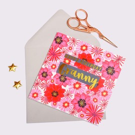 Claire Giles Happy Birthday Granny, Flowers, Greeting Card with Text Foiled in Shiny Gold, peach|pink
