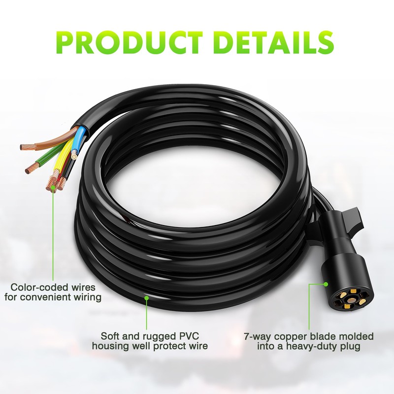 WOLFWILL 7 Pin Trailer Wire Plug, 8ft 7 Way Trailer