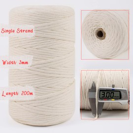 LEREATI Macrame Cord 3mm x 200m, Single Strand Thick Macrame Rope Yarn Natural Cotton Cord, Craft Macrame String for Plant Hanger, Wall Hanging, Knitting, DIY, Home Decorations (Apricot)