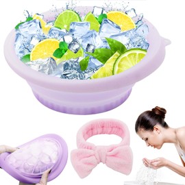 Xorim Face Bowl for Ice, Face Ice Bath Bowl, with Built-in Icetray Silicone Foldable Portable Design, with Pink Wash Strap, Skin Tightening, Vagus Nerve Stimulation and Pore Shrinking (Purple)