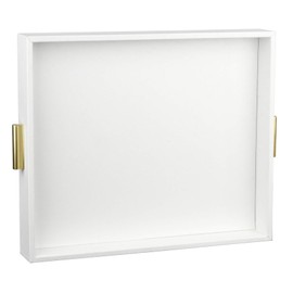 HofferRuffer Extra Large Serving Tray with Handles, Elegant Faux Leather Storage Decorative Tray for Coffee Table, Ottoman, Console Table (White Tray+Golden Handle)