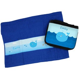 Eurofoto Handtuch + Kulturbeutel Set mit Namen Emilia und Blauwal-Motiv für Mädchen | Handtuch und Kulturbeutel Bedruckt |