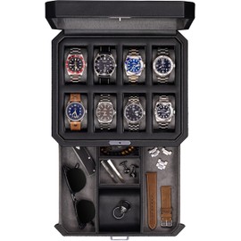 ROTHWELL 8 Slot Leather Watch Box with Valet Drawer - Luxury Case Display Jewelry Organizer, Locking Display Case Holder, Real Glass Top - Watch Box Organizer for Men & Women (Black/Grey)