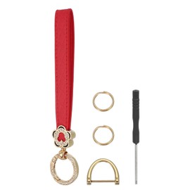 sourcing map Leather Wristlet Keychain Car Key Chain Wristlet for Women, 7 Inch Key Fob Holder Flower Style with D Ring and 2 Key Ring for Keys Wallets Purse, Gold Tone/Red