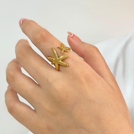 WETMT Gold Starfish Shell Ring for Women Irregular Starfish Ring Waterproof Ocean Ring Adjustable Finger Seashell Ring Summer Beach Ring