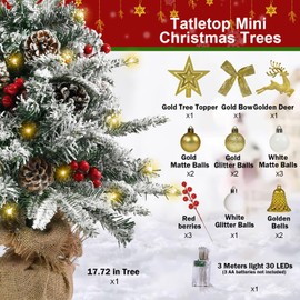 Small Artificial Christmas Tree, 45 cm, Mini Table Christmas Tree with Lighting, 30 LEDs, Christmas Baubles, Star Tree Topper, Artificial Snow Decorated for Christmas Decoration, Indoor, Office,