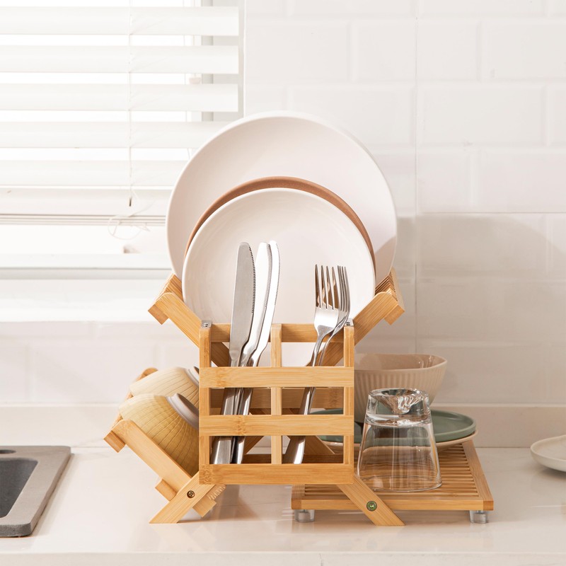 HBlife Bamboo Dish Drying Rack with Utensil Holder, 3-Tier Large