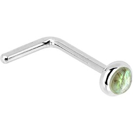 Body Candy Solid 14k White Gold 2mm Labradorite L Shaped Nose Stud Ring 20 Gauge 1/4"