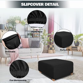 NeColorLife Rectangle Ottoman Cover Jacquard Fabric Slipcover Thick Stretchable Footrest Stool Covers for Oversized Square and Rectangle Ottoman,Medium,Black