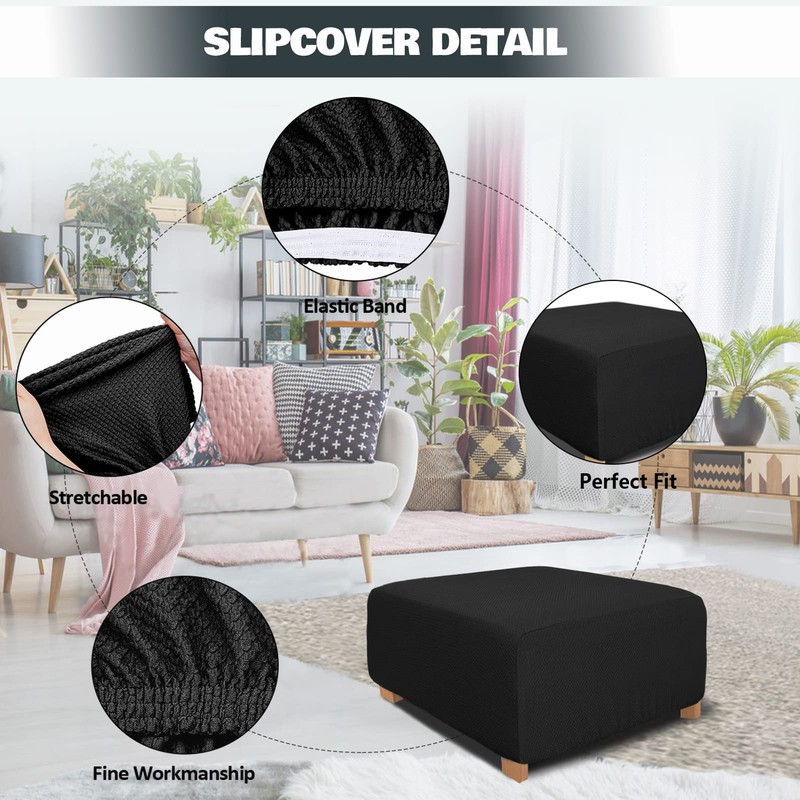 NeColorLife Rectangle Ottoman Cover Jacquard Fabric Slipcover Thick Stretchable Footrest