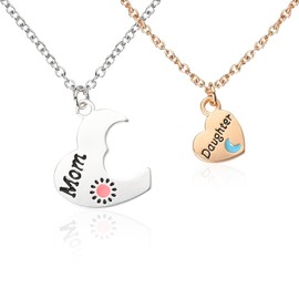 Matching Heart Mom Daughter Necklaces for 2 Sun and Moon Necklace for Women Mom Mommy Mothers Day Gifts from Daughter Birthday Gift from Mama Mother Daughter Matching Love Necklaces, Silver and Gold