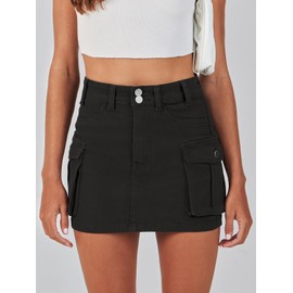 ANRABESS Cargo Skirt Women Button Mini Skirt with Pocket Y2k Bodycon 2025 Trendy Denim Jean Short Skirts Black Small