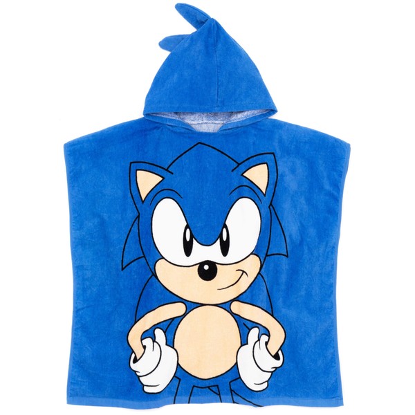 Sonic The Hedgehog Kids Towel Poncho | Blue Gaming Bath Towel with 3D Spiked Hair | Swimming Swimwear Beach Graphic Changing Robe for Boys or Girls | Gamer Merchandise Gift for Children