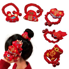 Pokinge 5Pcs Elastic Ponytail Hair Ties Chinese New Year Lucky Hair Loop Cute Cartoon Hairtie Ponytail Holder Creative Women Hair Scrunchies For Girl