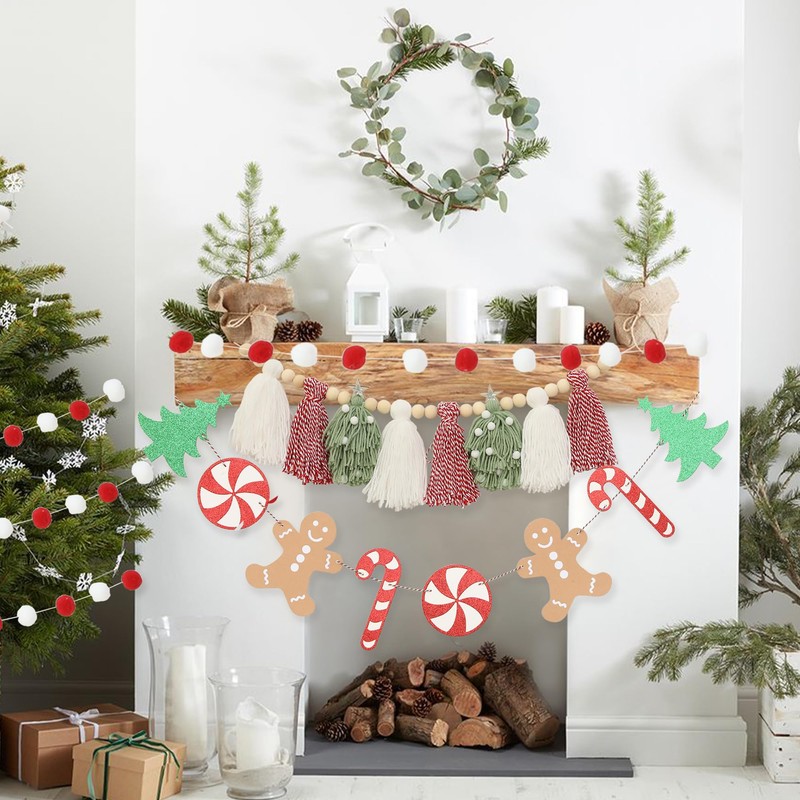 Christmas Tassel Garland Banner with Red and White Pom Pom