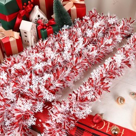 Alupssuc 8 Pieces Total 50 FT Christmas Tinsel Garland with Snowflakes Sequins, Metallic Shiny Twist Garland Hanging Decorations for Christmas Party Indoor and Outdoor Decor, Red and White