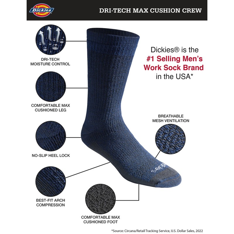 Dickies Men's Dri-Tech Moisture Control Max Full Cushion Crew Socks,