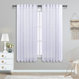 KOUFALL White Sheer Curtains 45 Inch Length for Bathroom Kitchen Window,Short Country Farmhouse Style Cute Pom Pom Kids Room Curtain for Bedroom Set of 2 Panels