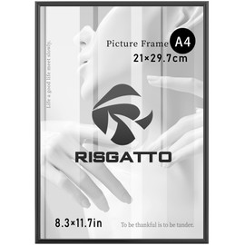 Risgatto Marco de Fotos A4-21 x 30 cm - Minimalista de Aluminio - Marco de Pared 21 x 29,7 cm con Acrílico HD - Diseño Delgado para Decoración del Hogar | Negro