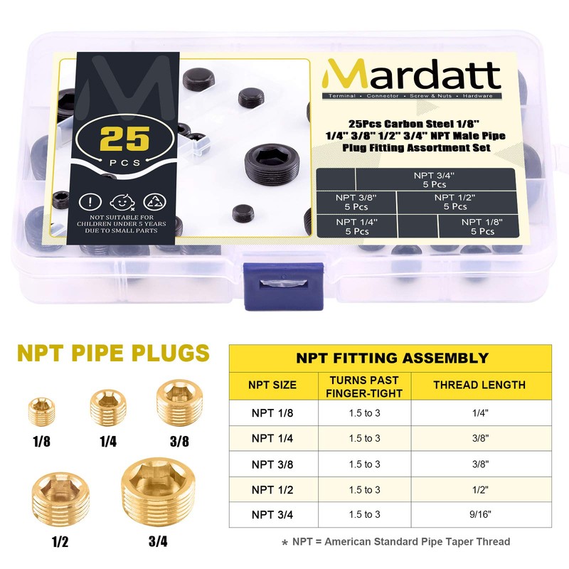 Mardatt 25Pcs NPT Plug Set Pipe Plug Assortment Kit 1/8"