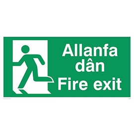 Viking Signs SB939-L32-1M Left "'" Inscription "Allanfa Dân/Fire Exit" Sign, 1 mm Semi-Rigid Plastic, 150 mm H x 300 mm W