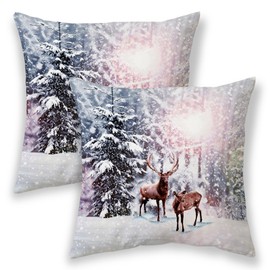 AGAYNA Winter Pillow Covers 16x16 White Snowflake Wildlife Deer Decor Throw Pillows Case for Couch Tree Christmas Indoor Outdoor Decorative Cushion Cases for Sofa Bed Decorations Set of 2