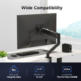 Suptek Single Monitor Arm 13 to 34 Inch,Adjustable Gas Spring Monitor Desk Mount Stand Holds up to 4.4-26.4lbs,VESA Mounting Holes 75/100mm,Black(MDXB)