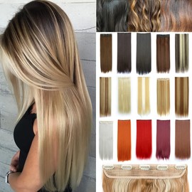 Clip In Hair Extensions 1 Pcs 5 Clips Half Full Head Synthetic Straight Hairpiece Natural Look (Straight, Bleach blonde with Ash blonde)