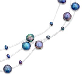 Shades of Grey Blue Multi Strand Fishing Line Freshwater Cultured Pearl Illusion Necklace For Women Wedding Bridesmaid Formal Party