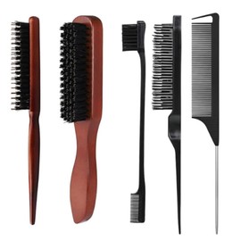 Jindizi Boar Bristle Hair Brush Set, 5pcs - Slick Back, Teasing, Quiff Roller, Anti-Static, Black