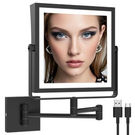 Ruacq Rechargeable Wall Mounted Makeup Mirror with Lights, Double Sided 1X/7X Magnifying Vanity Mirror with 3 Color Lighting, Touch Screen Dimmable, 360° Rotation Extension Foldable Arm(Matte Black)