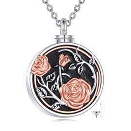 KZX Rose Flower Urn Pendant Necklaces for Ashes Sterling Silver Cremation Round Vintage Ash Necklace Memorial Jewelry Gifts for Women Gifts for Mother Wife