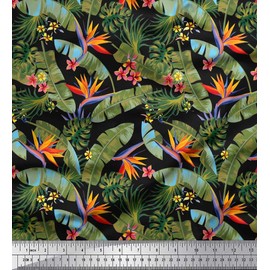 Soimoi Japan Crepe Satin Fabric Tropical Leaves,Plumeria & Heliconia Floral Decor Fabric Printed metre 42 Inch Wide