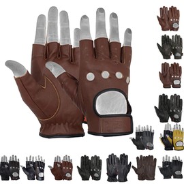 MRX BOXING & FITNESS Mens Driving Gloves Basic Soft Goat Leather Fingerless Breathable Biker Motorcycle Riding Cycling Shooting Button Gloves Half Finger, Brown (Medium)