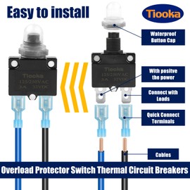 Tiooka 5Amp Thermal Circuit Breaker Assortment Kit Push Button Manual Reset 125/250V AC 32V DC Quick Connect Terminals Waterproof Button Caps for Overload Protection Applications 10Pcs