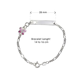 Aka Gioielli® - Children's ID Bracelet 925 Sterling Silver with Pink Enamel Butterfly and Cut-Out Heart, Gift for Girls, Sterling Silver, Without Stone