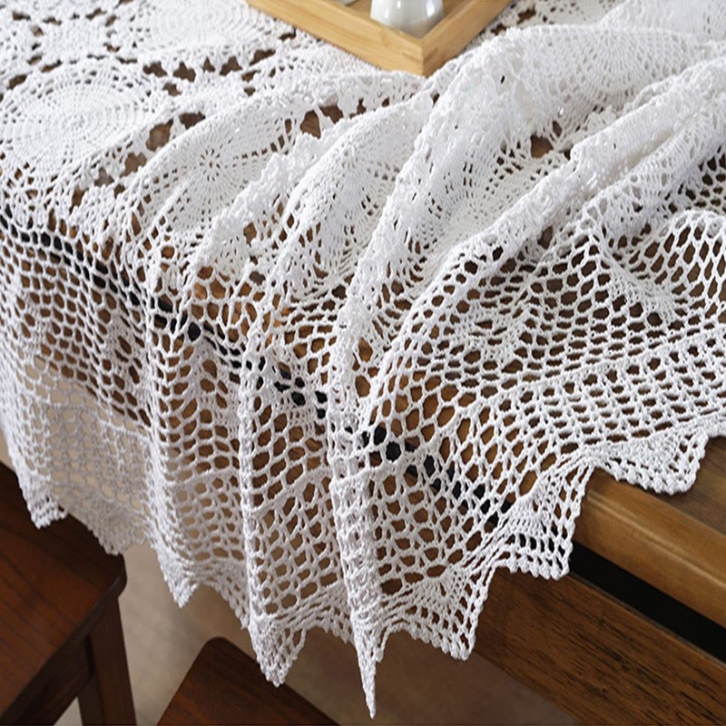 USTIDE Shabby Handmade Crochet Tablecloth Rectangle Romantic Table Cover White