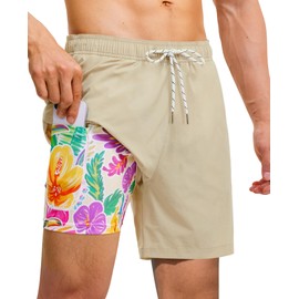 Gleeease Mens 7 Inch Swim Trunks with Compression Liner Quick Dry Swim Shorts Swimming Shorts with Pockets Stretch Bathing Suits