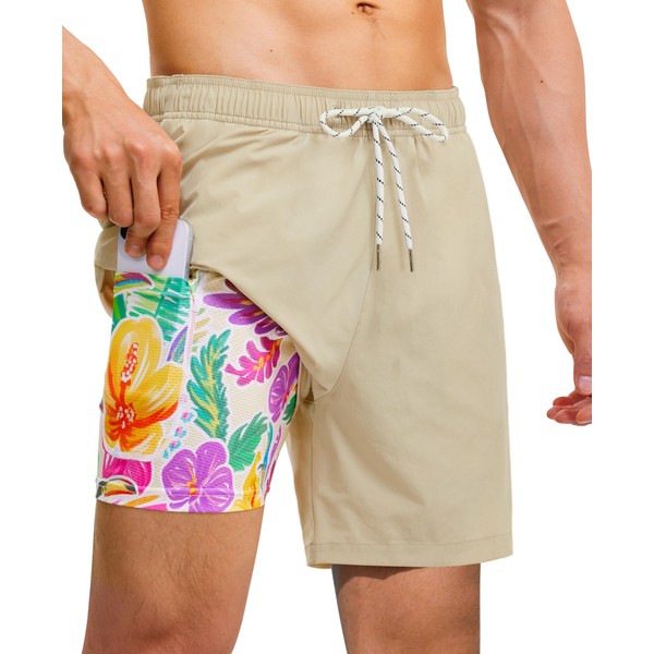 Gleeease Mens 7 Inch Swim Trunks with Compression Liner Quick