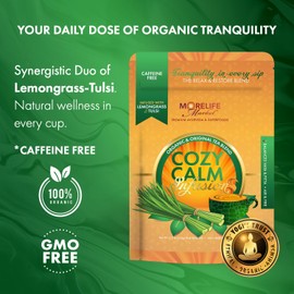 MoreLife Market Cozy Calm Tea | Herbal Infusion with Lemongrass, Tulsi & Licorice | Supports Meditation, Relieves Vata & Pitta | Ayurvedic Tea for Relaxation & Gut Balance - 8oz (230g)