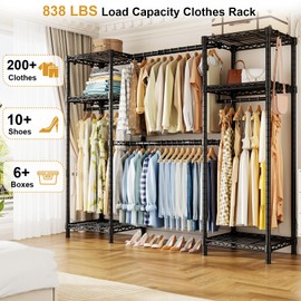Ulif E7 Garment Rack, Heavy Duty Clothes Storage System with Extendable Hangers Rods, Metal Clothe Rack with 6 Wire Shelves, (52.3"-72") W x 14.5" D x 71.2" H, Load 838 LBS